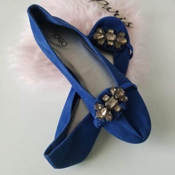 Cato Royal Blue Faux Suede Embellishments large Chungy Rhinstone Flat Ballerinas - Picture 7 of 11